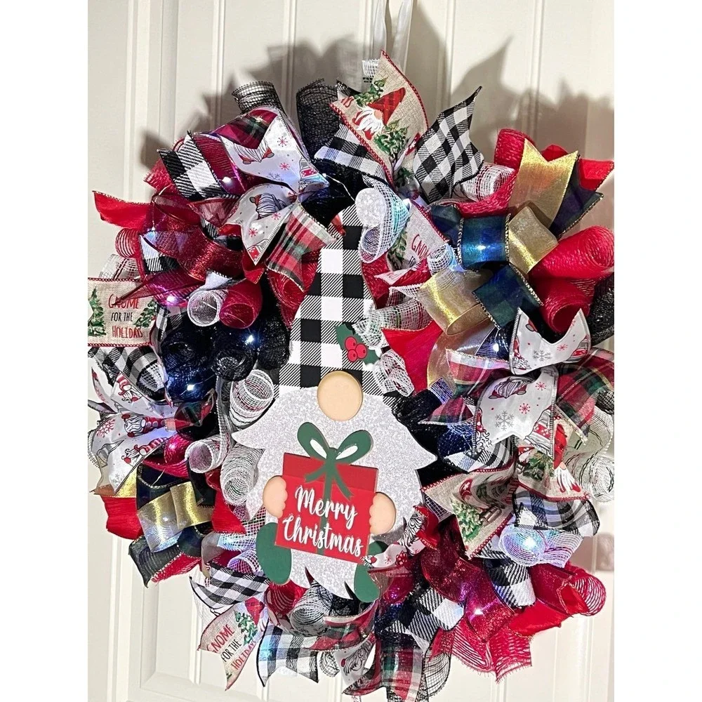 Handmade Merry Christmas Gnome Holiday Ribbon Door Wreath 22 ins W44